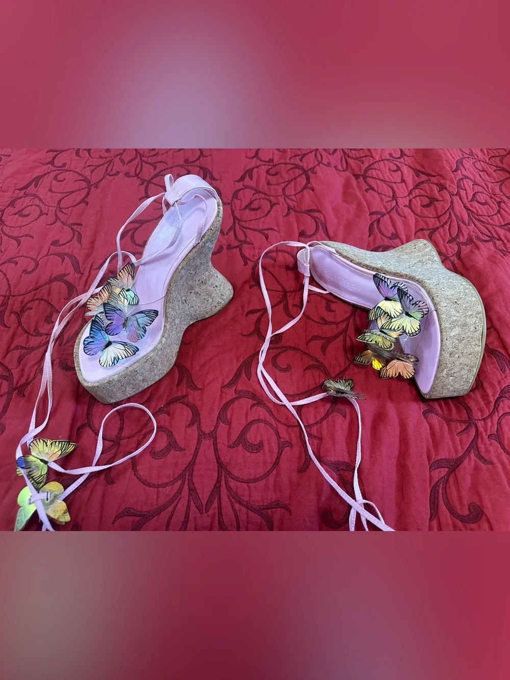 Sugar Thrillz Pink Butterfly Lace-Up Platform Wedges